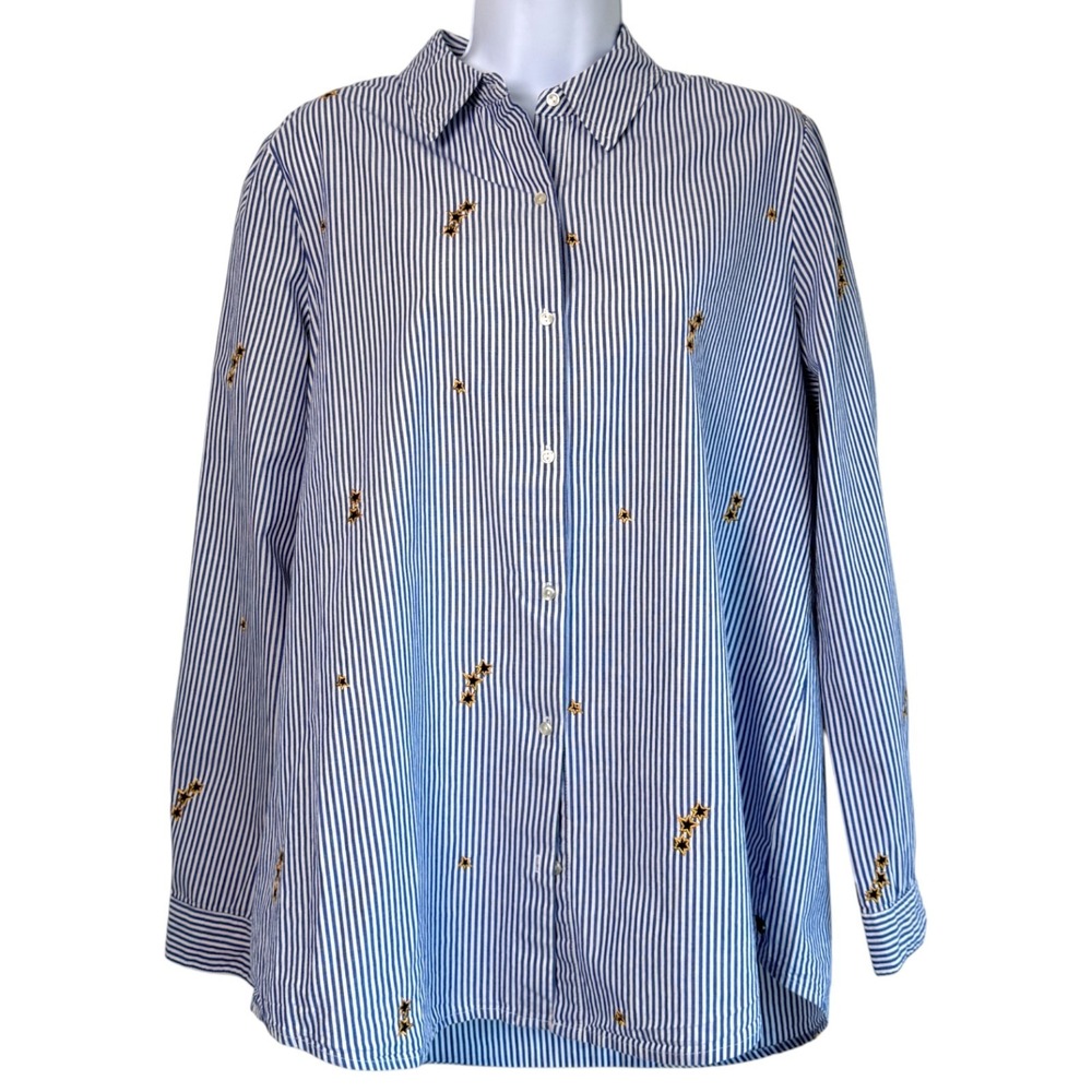 Scotch & Soda Striped Star Embroidered Button Down Shirt Sz L Blue White Cotton - Picture 2 of 10